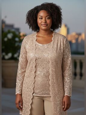 R&M Richards Champagne Lace & Sequin Jacket, Sheath and pants. 3 Piece Set